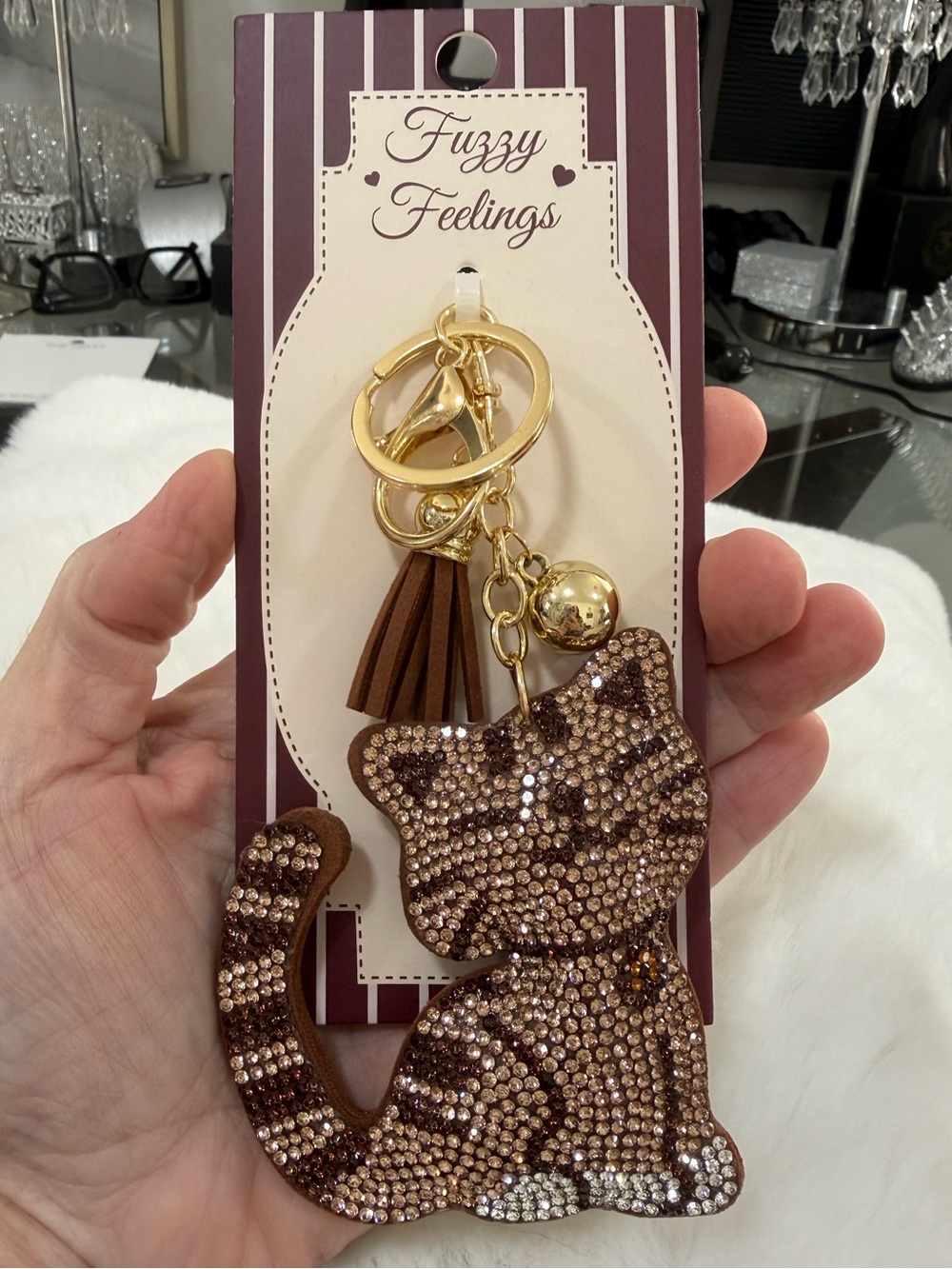 Brown Crystal Cat Key Holder Keychain bag clip